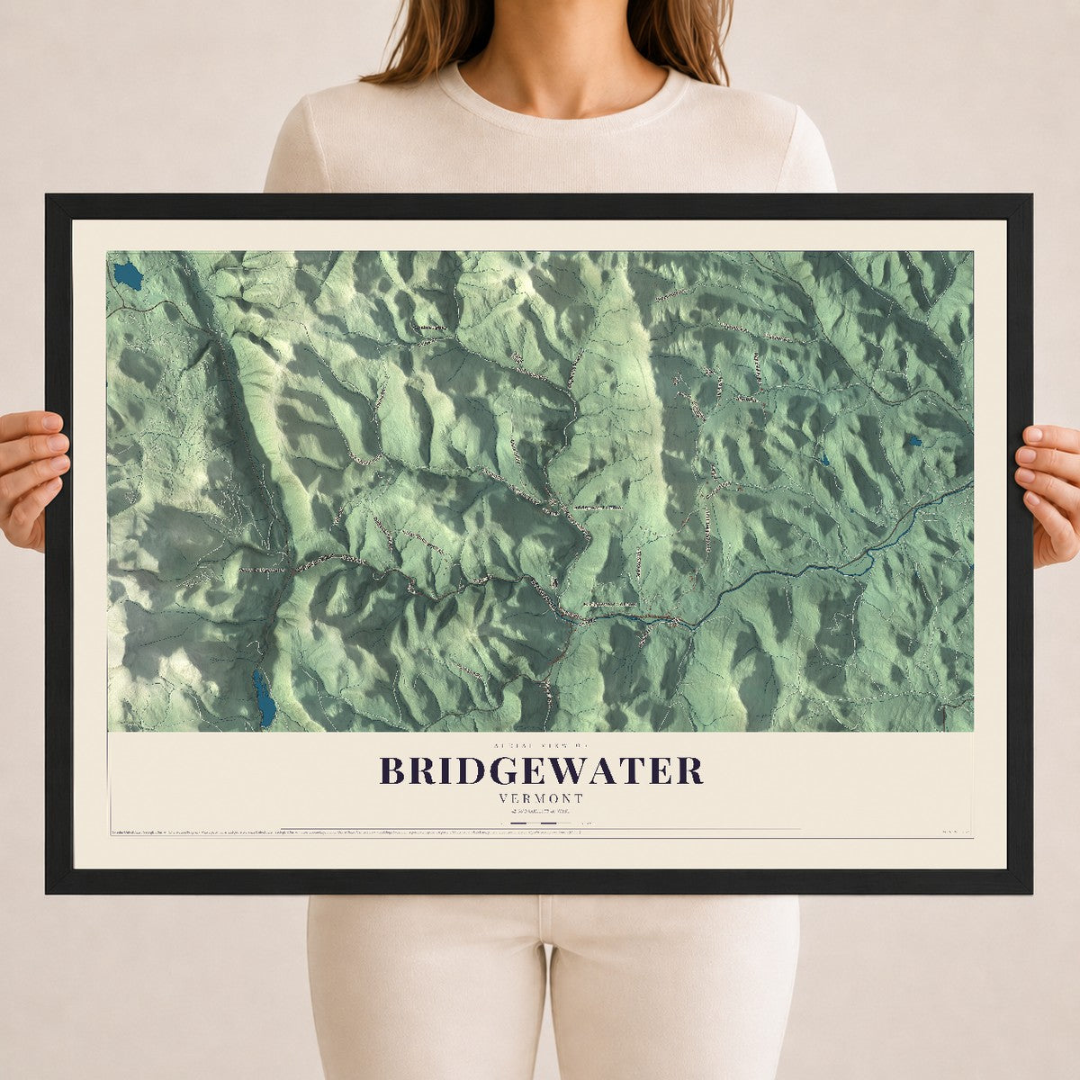 Map of Bridgewater, Vermont, 18 x 24 inch print in a black wood frame