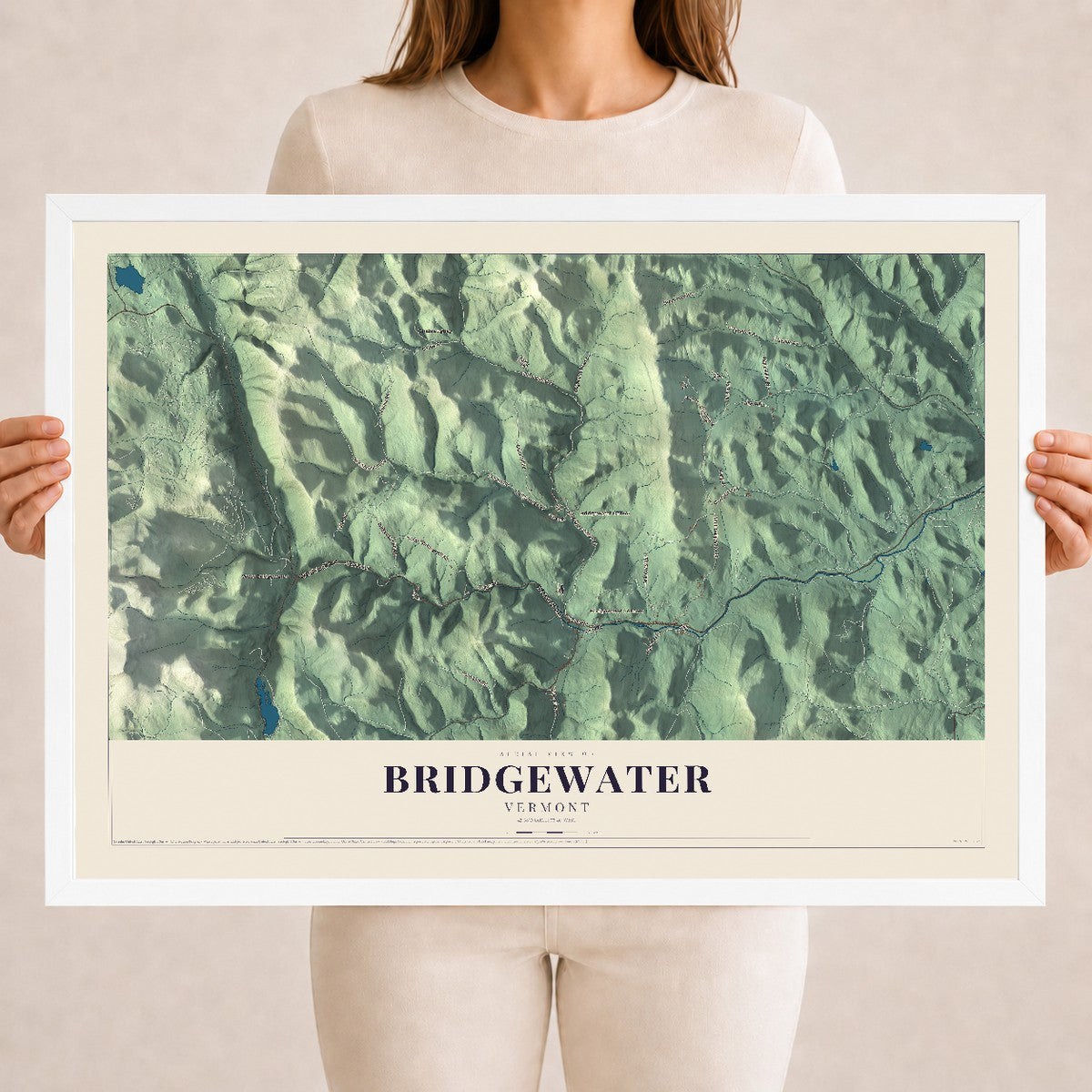 Map of Bridgewater, Vermont, 18 x 24 inch print in a white wood frame