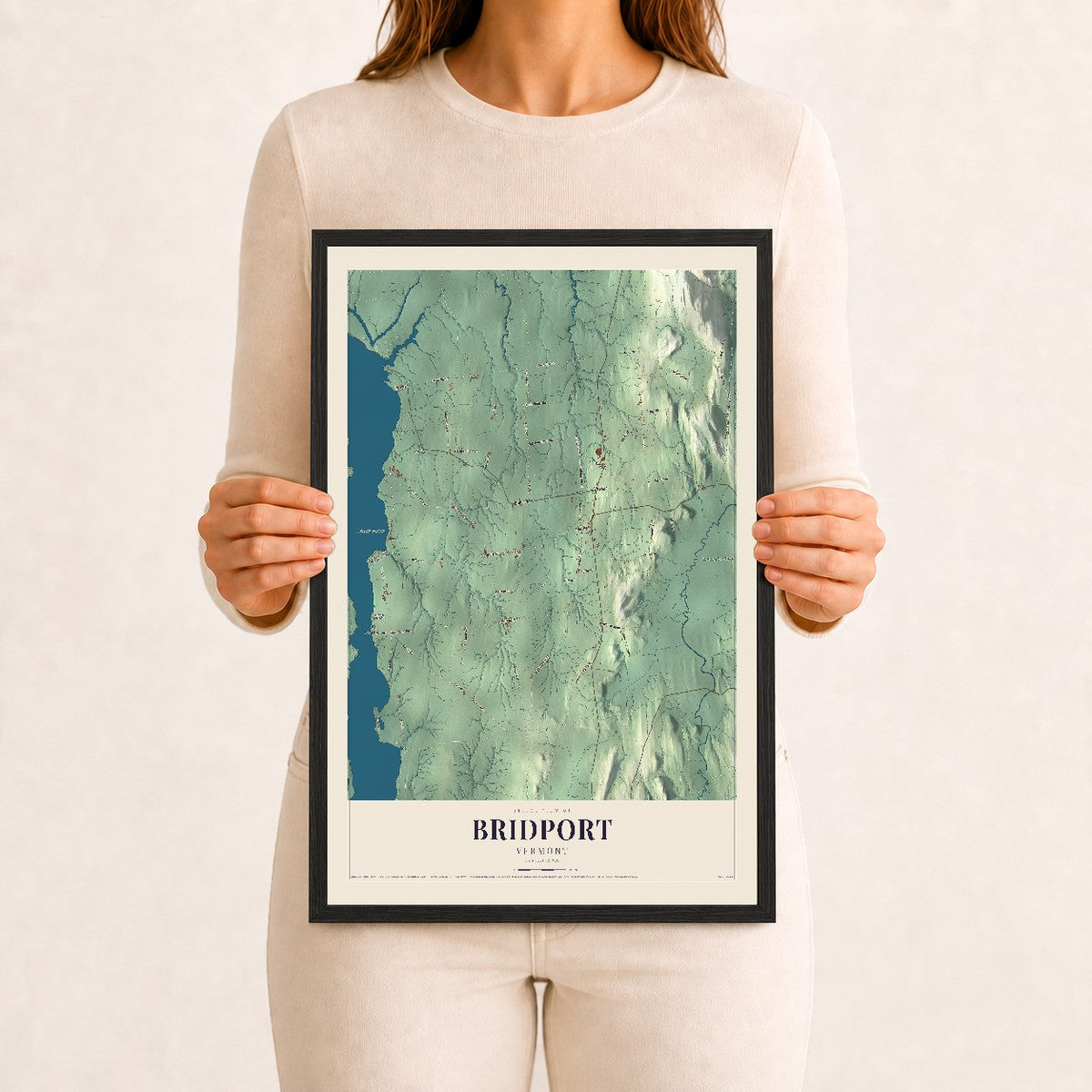 Bridport, Vermont map print - 12 x 18 black Ayous wood frame