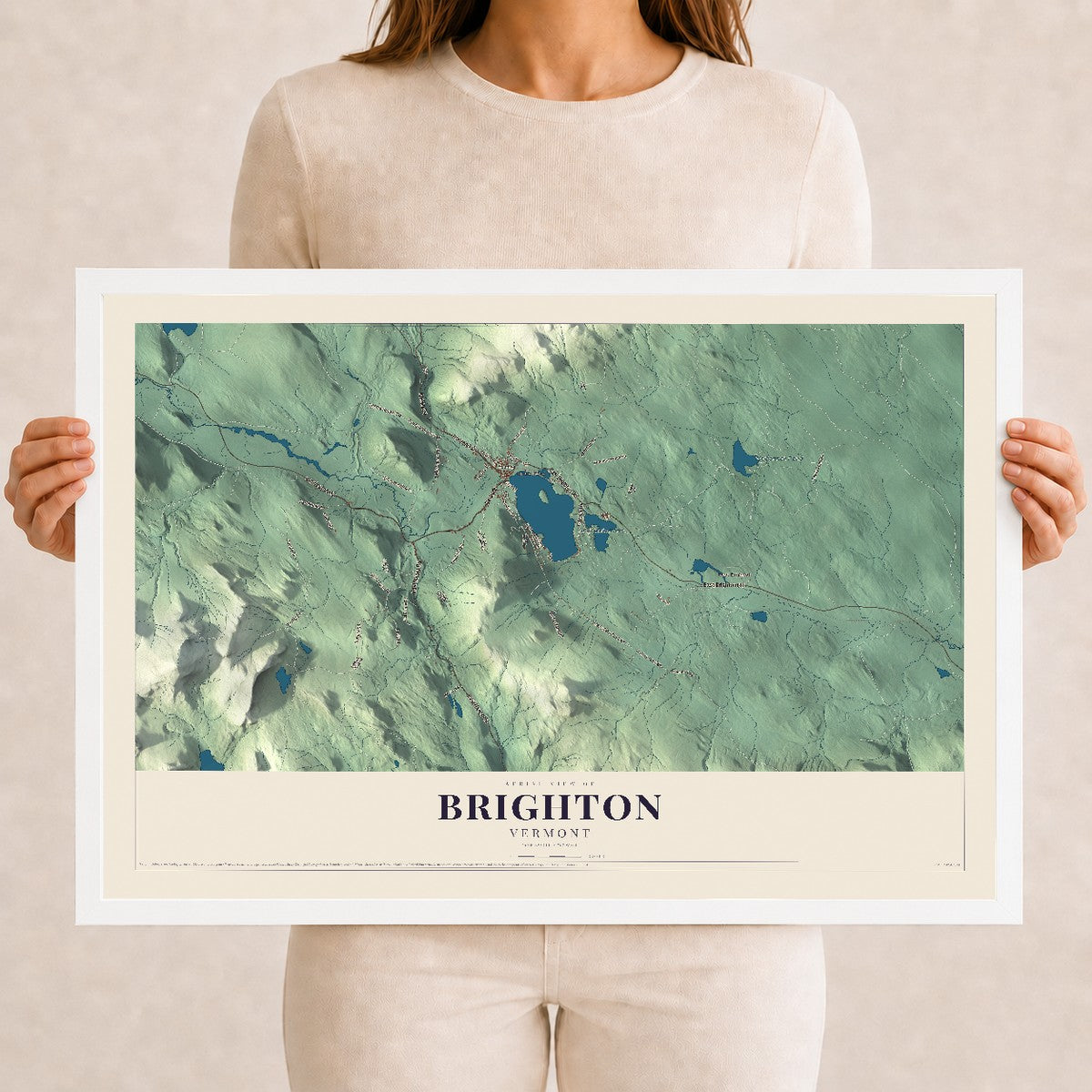 Map of Brighton, Vermont, 12 x 18 inch print in a white wood frame