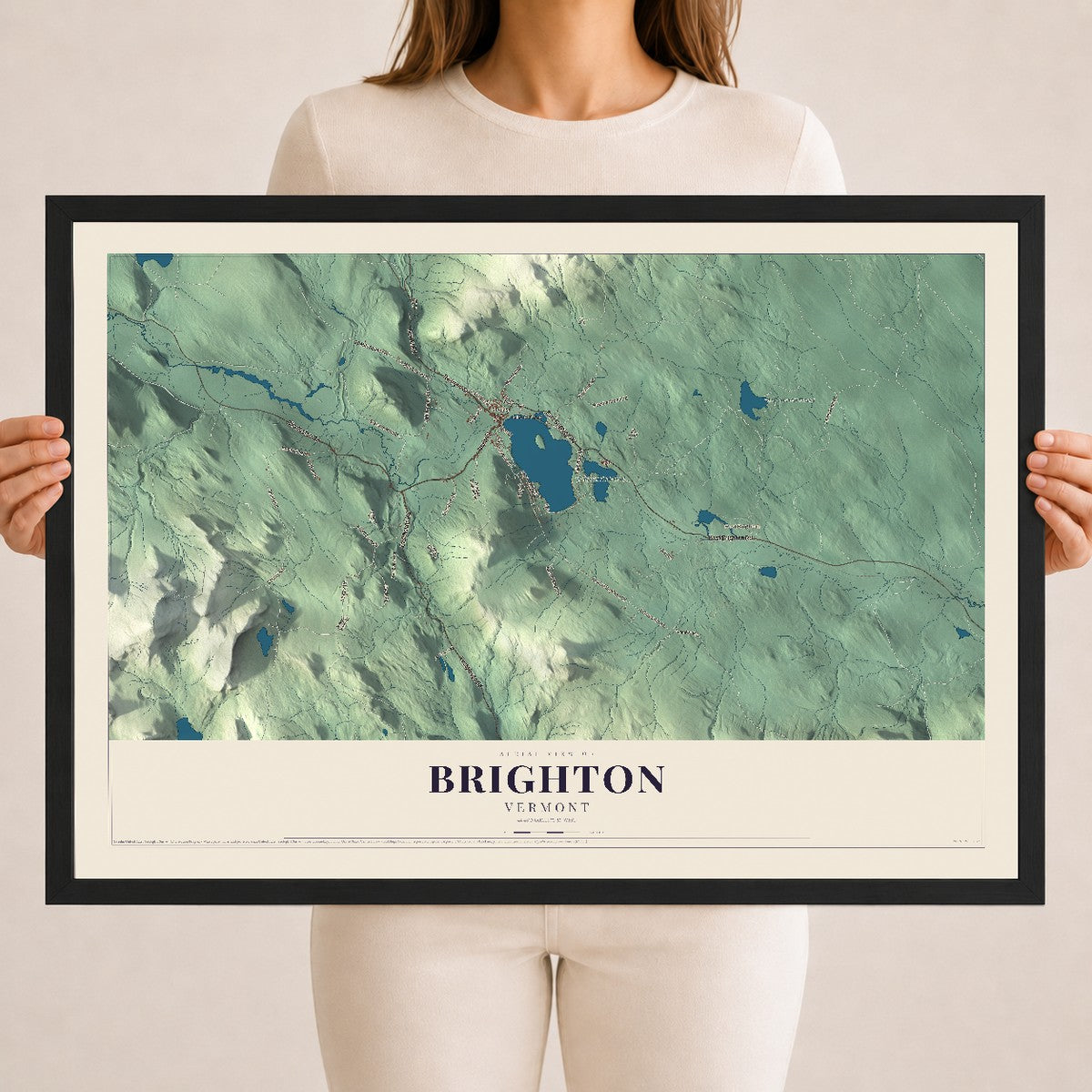 Map of Brighton, Vermont, 18 x 24 inch print in a black wood frame