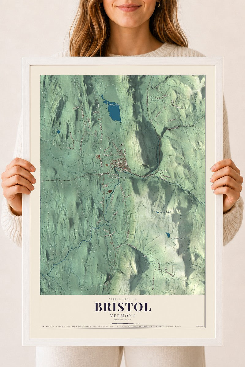 Bristol, Vermont map print - 18 x 24 white Ayous wood frame