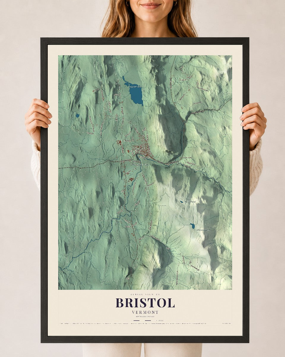 Bristol, Vermont map print - 24 x 36 black Ayous wood frame