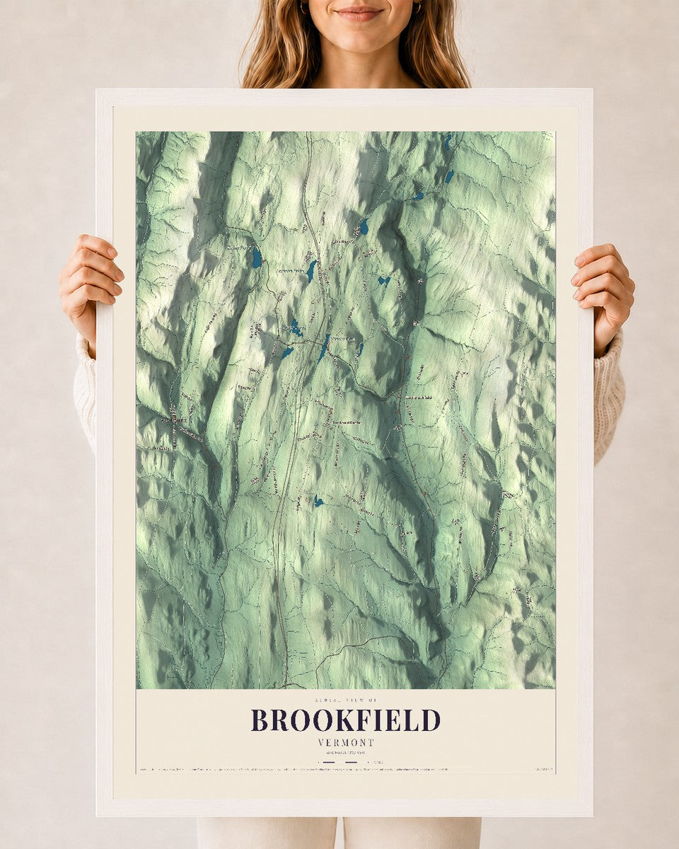Brookfield, Vermont map print - 24 x 36 white Ayous wood frame