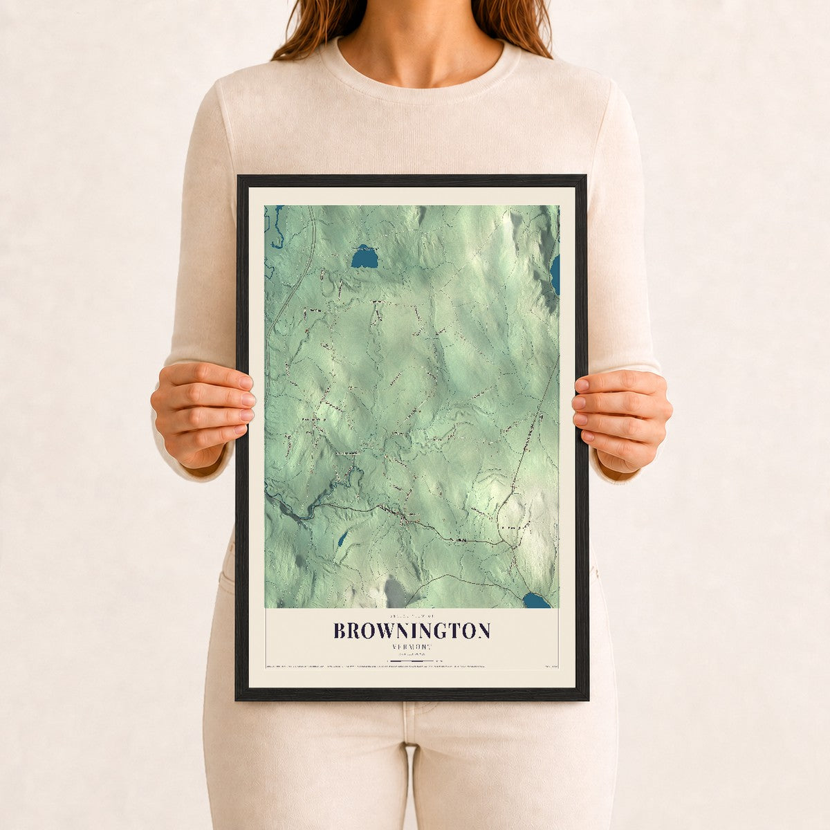 Brownington, Vermont map print - 12 x 18 black Ayous wood frame
