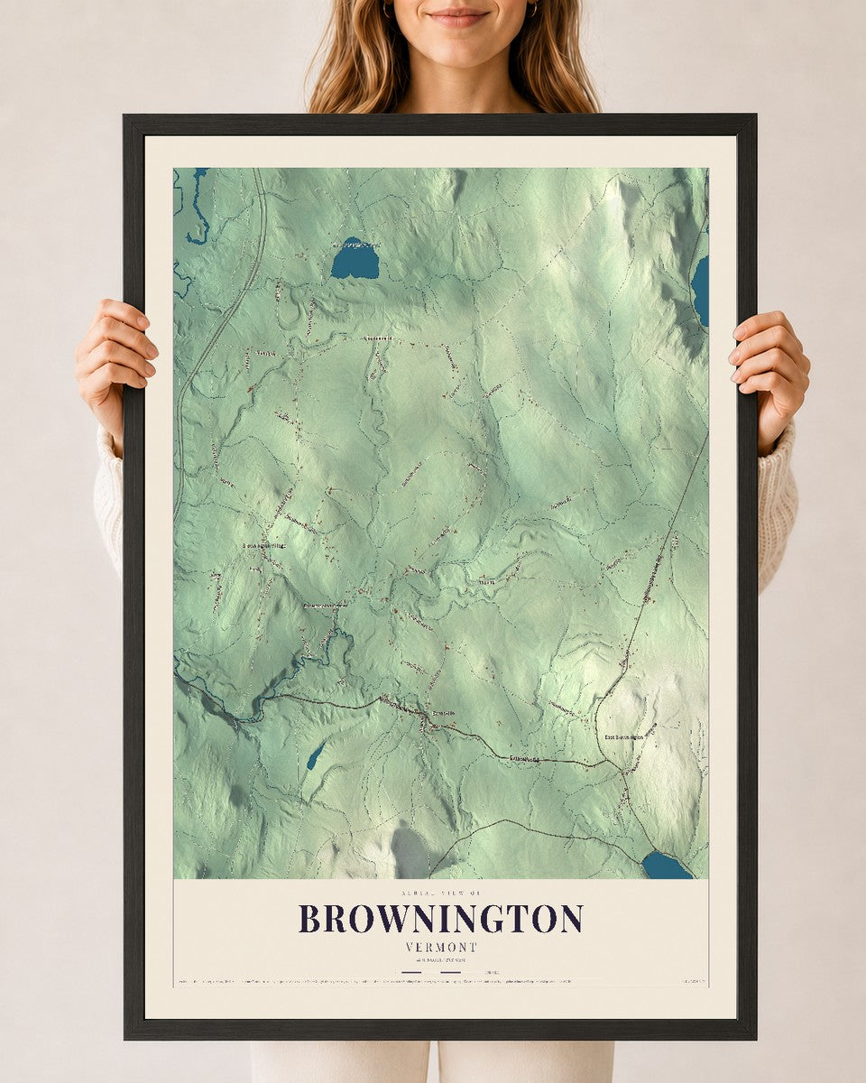 Brownington, Vermont map print - 24 x 36 black Ayous wood frame