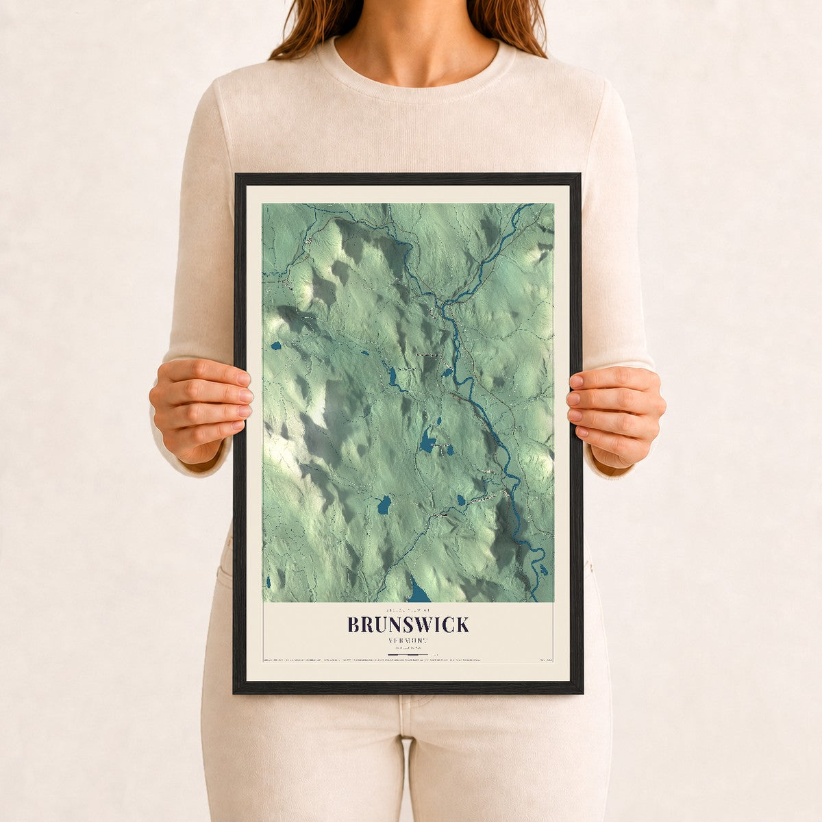 Brunswick, Vermont map print - 12 x 18 black Ayous wood frame