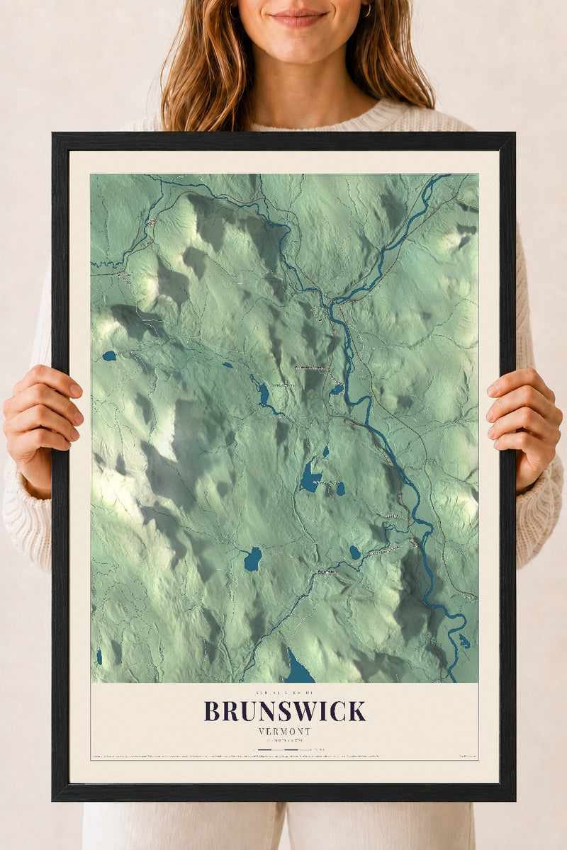 Brunswick, Vermont map print - 18 x 24 black Ayous wood frame
