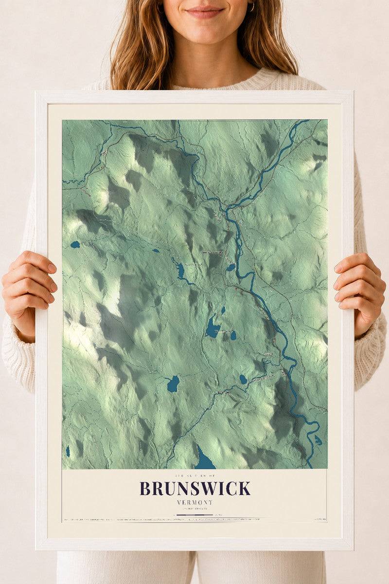Brunswick, Vermont map print - 18 x 24 white Ayous wood frame