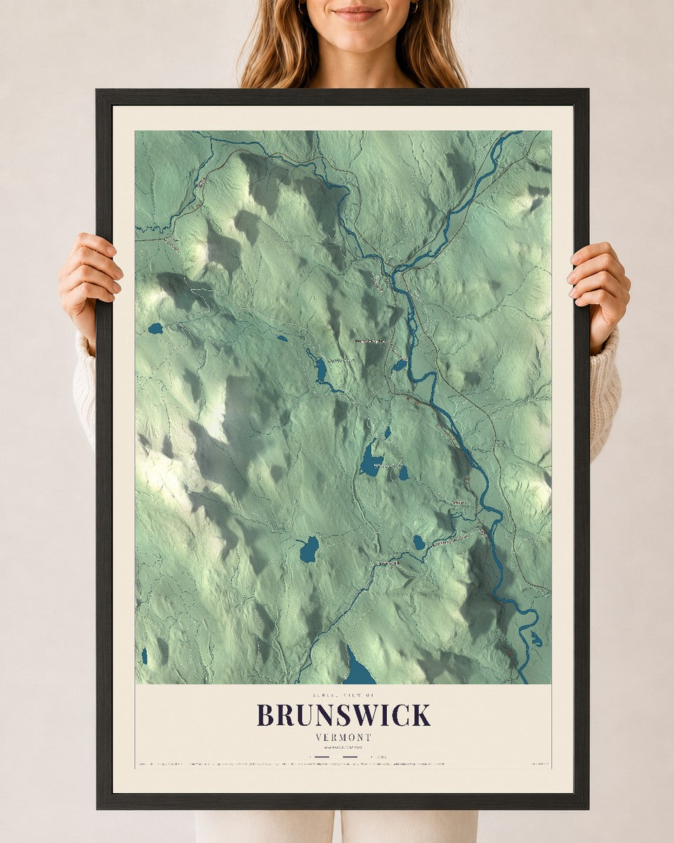 Brunswick, Vermont map print - 24 x 36 black Ayous wood frame