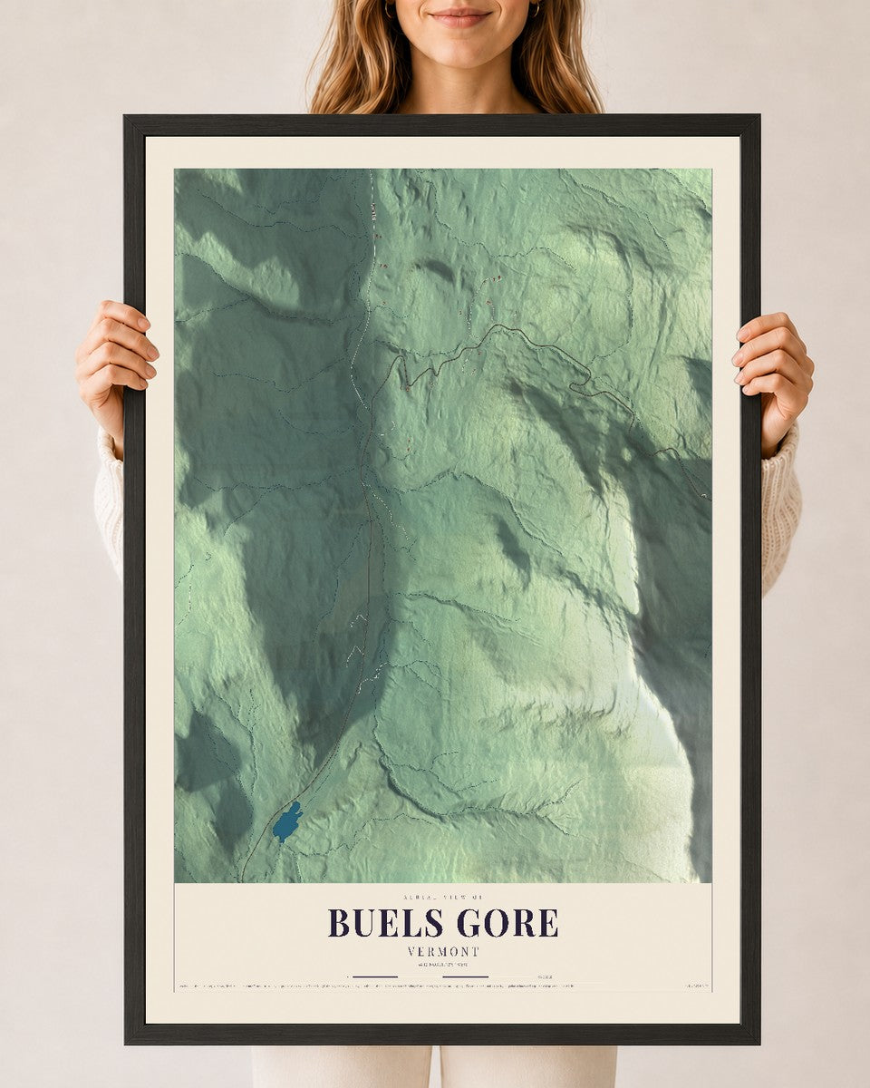 Buels Gore, Vermont map print - 24 x 36 black Ayous wood frame