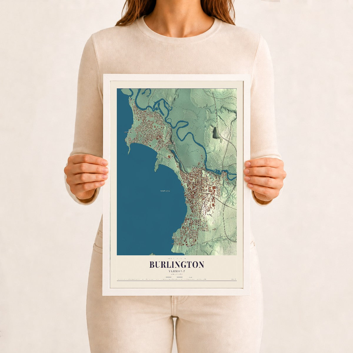 Burlington, Vermont map print - 12 x 18 white Ayous wood frame