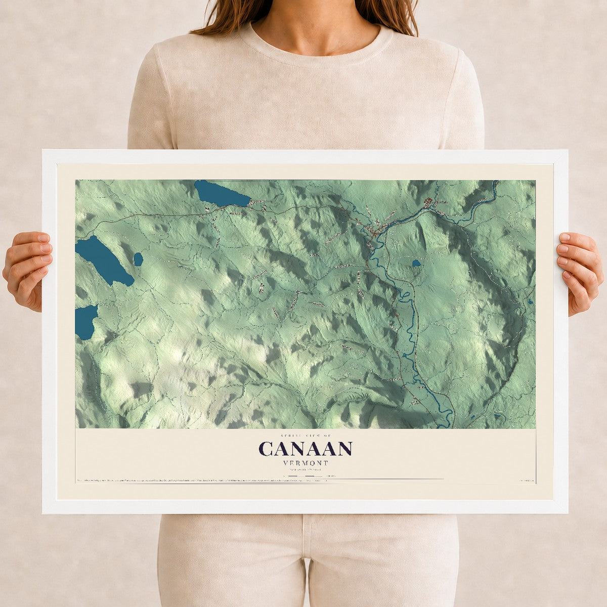 Map of Canaan, Vermont, 12 x 18 inch print in a white wood frame