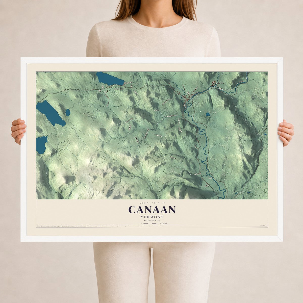 Map of Canaan, Vermont, 24 x 36 inch print in a white wood frame