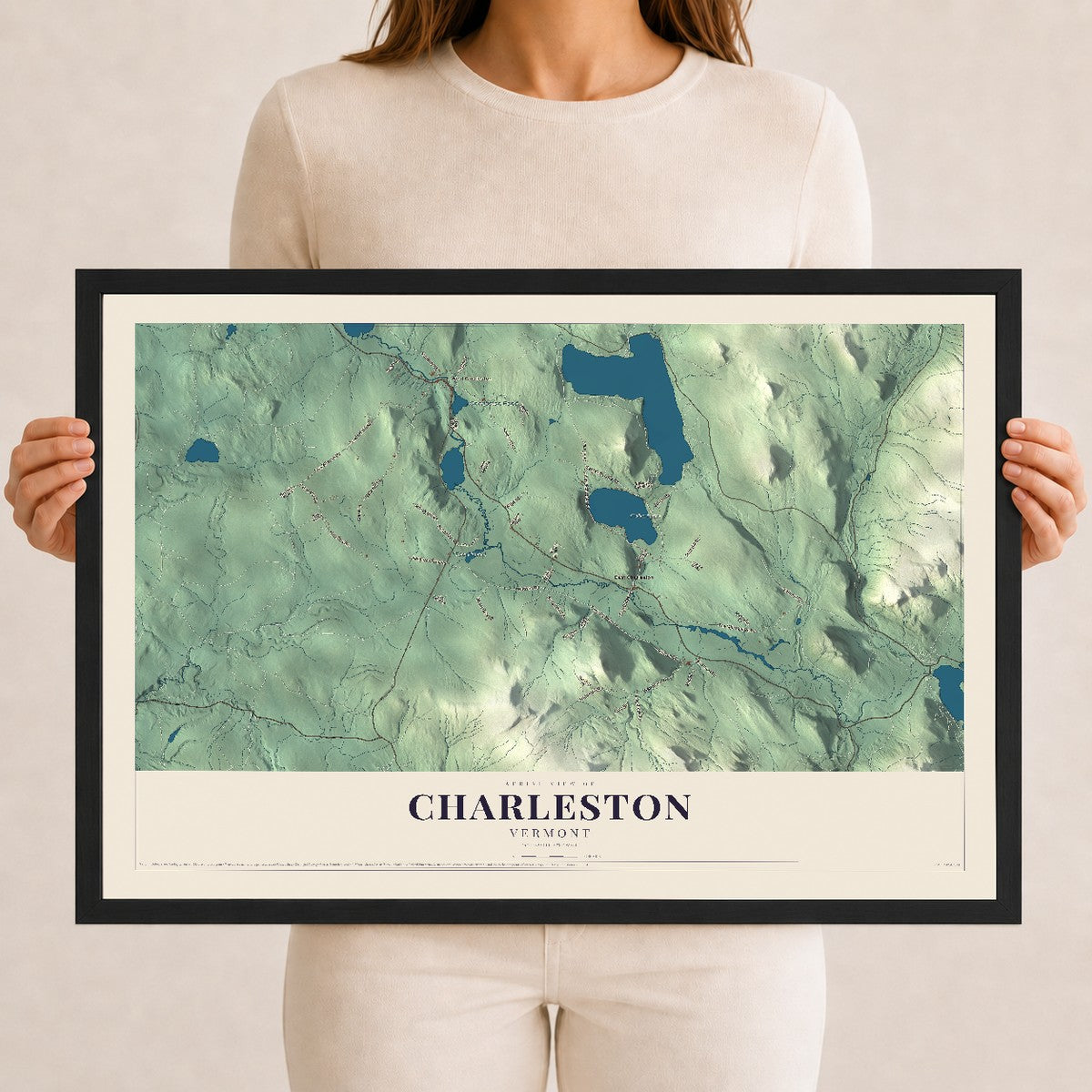 Map of Charleston, Vermont, 12 x 18 inch print in a black wood frame