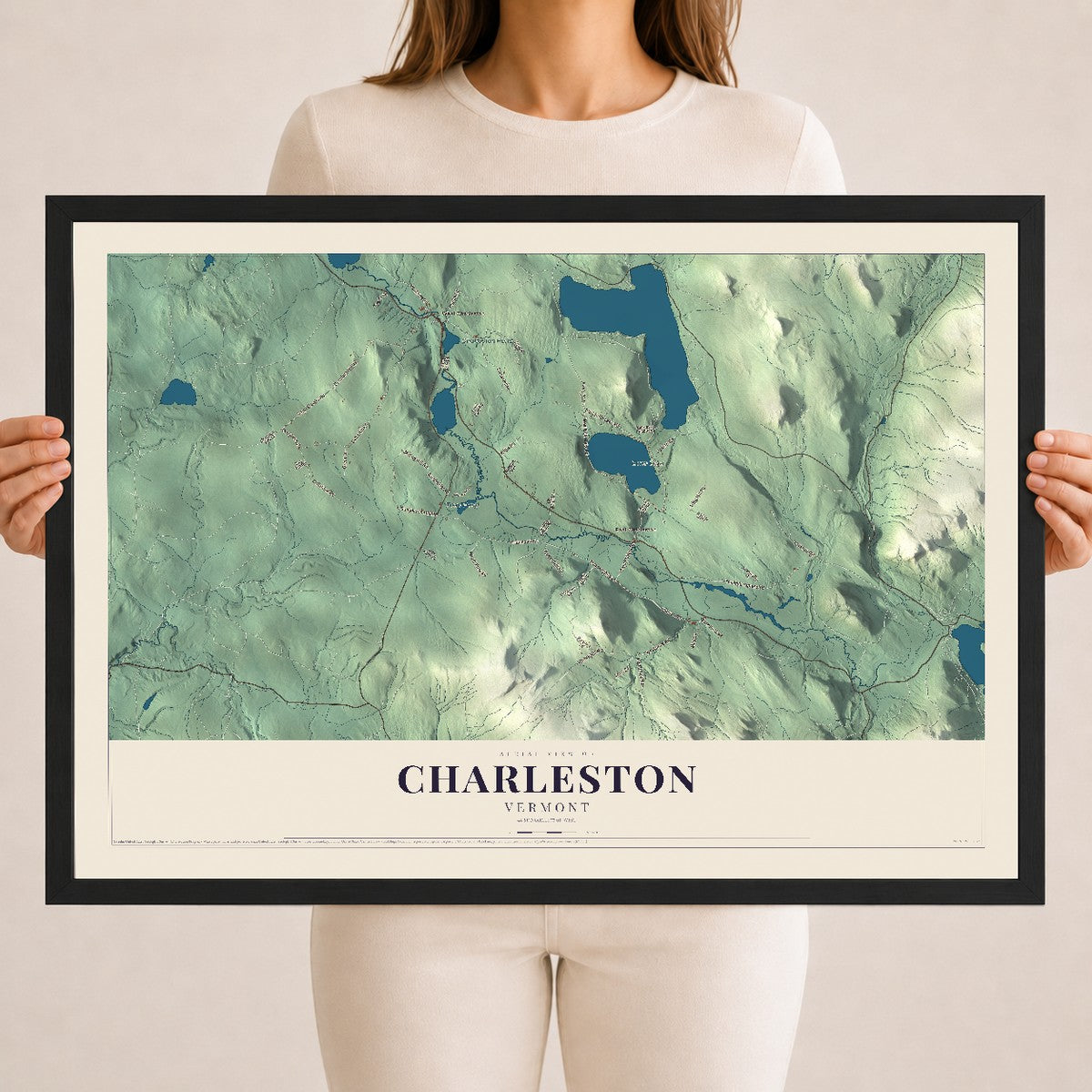 Map of Charleston, Vermont, 18 x 24 inch print in a black wood frame
