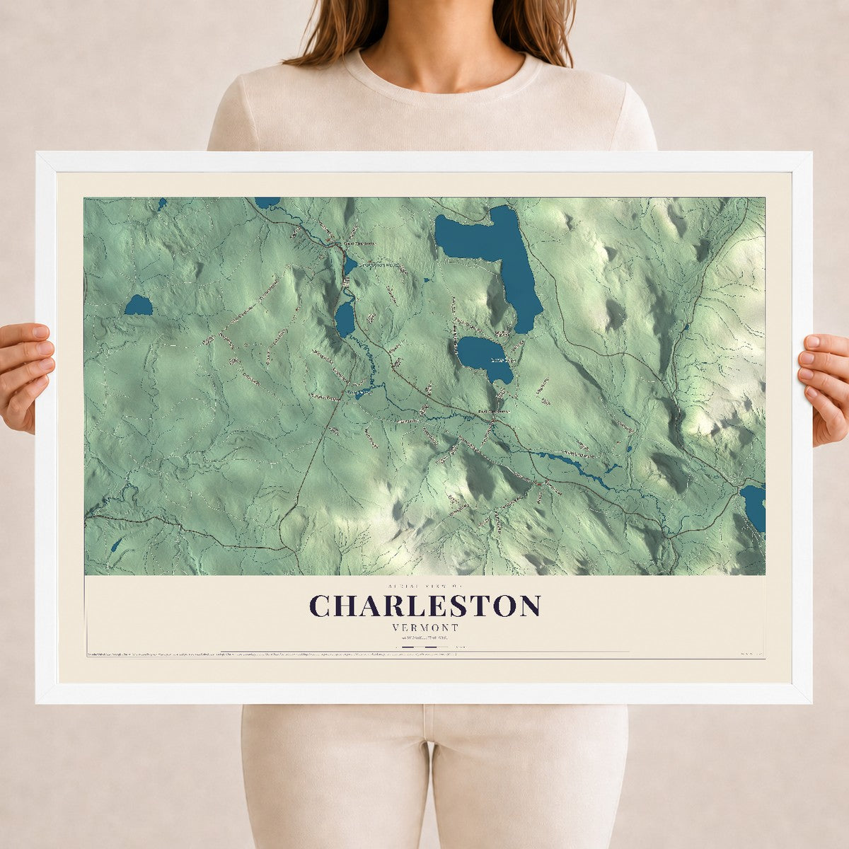 Map of Charleston, Vermont, 18 x 24 inch print in a white wood frame