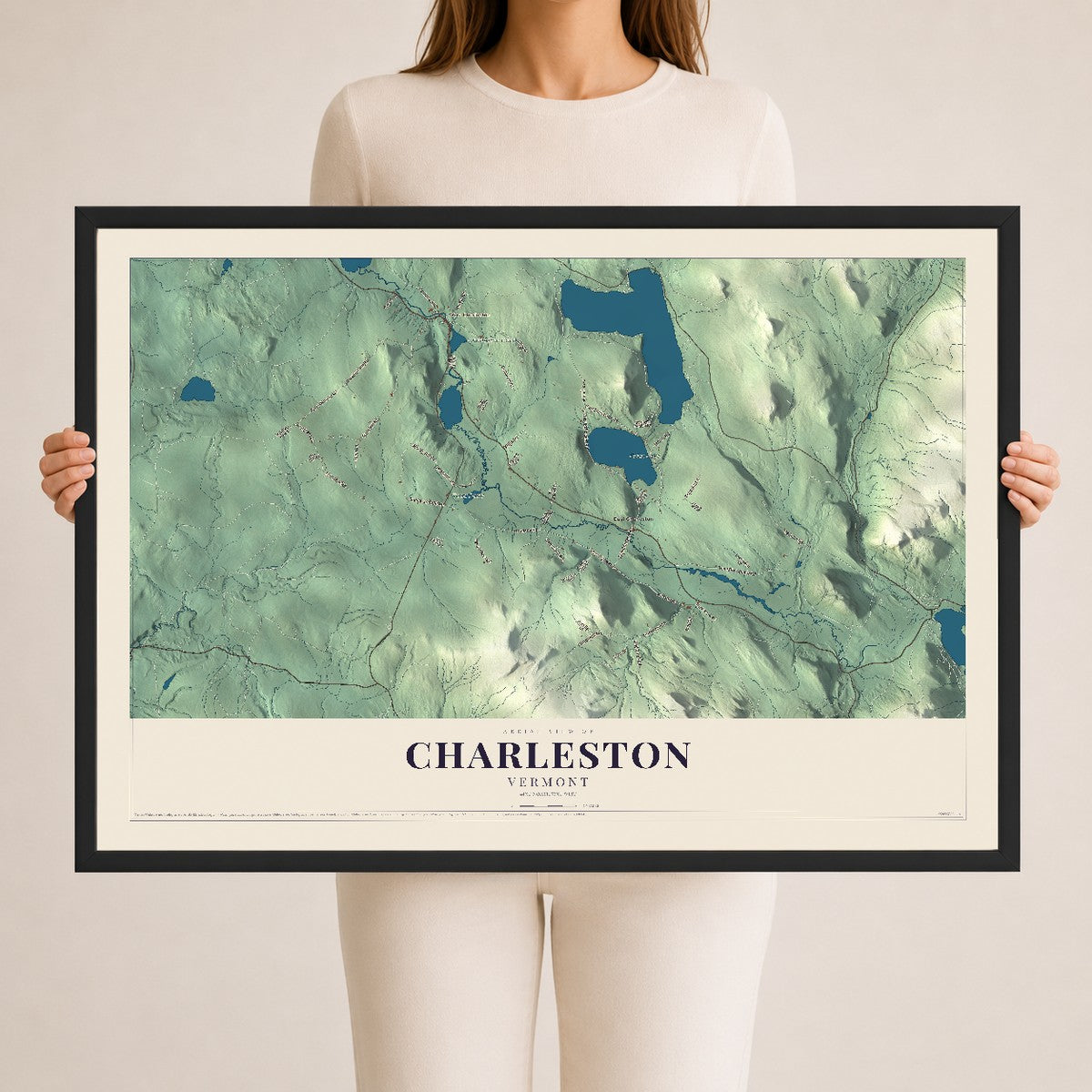 Map of Charleston, Vermont, 24 x 36 inch print in a black wood frame