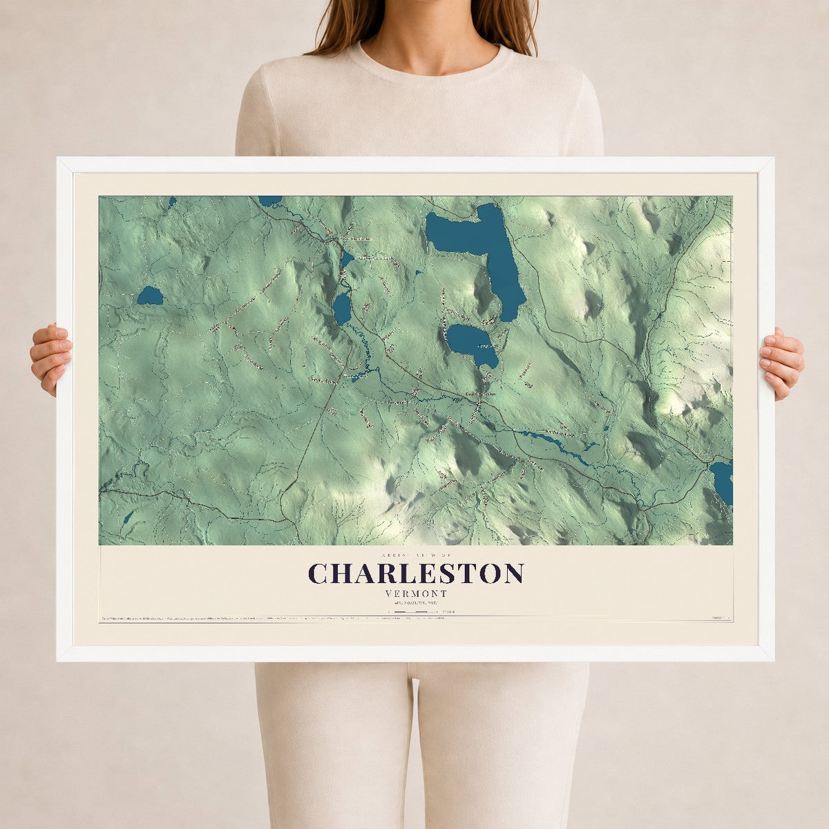 Map of Charleston, Vermont, 24 x 36 inch print in a white wood frame