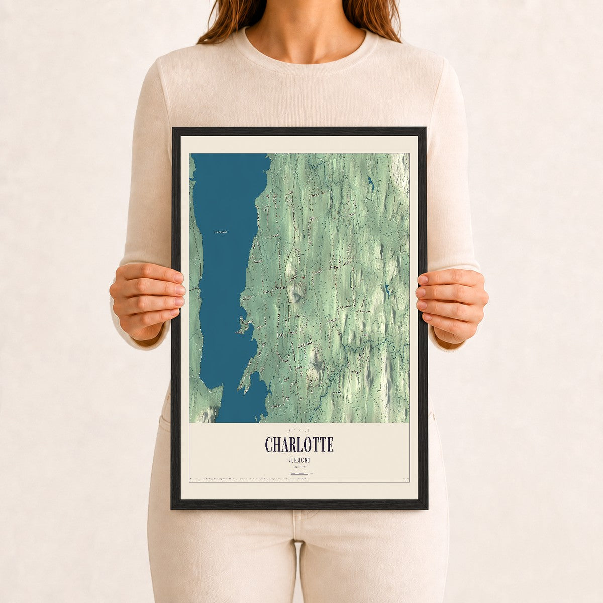 Charlotte, Vermont map print - 12 x 18 black Ayous wood frame