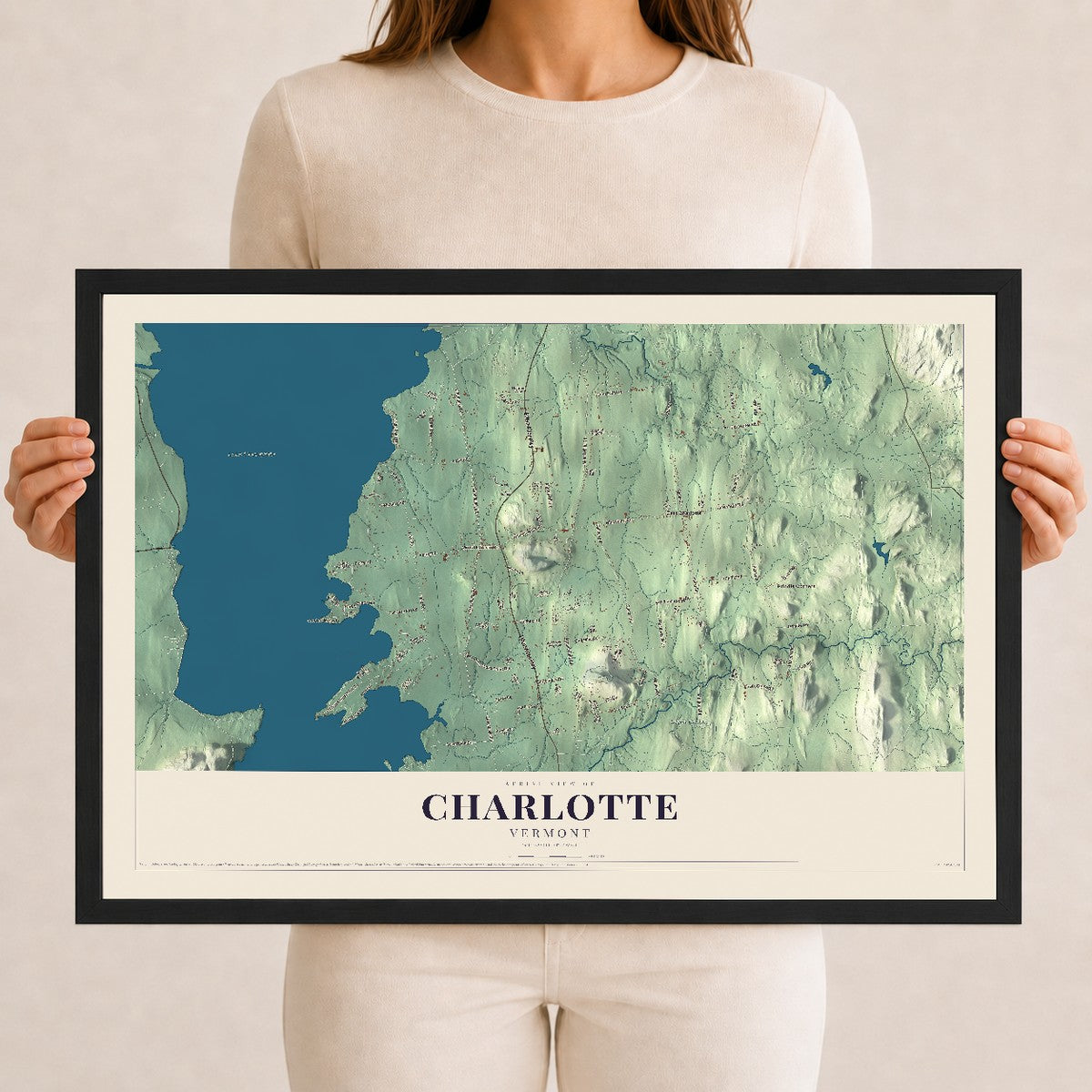 Map of Charlotte, Vermont, 12 x 18 inch print in a black wood frame
