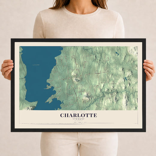 Map of Charlotte, Vermont, 12 x 18 inch print in a black wood frame
