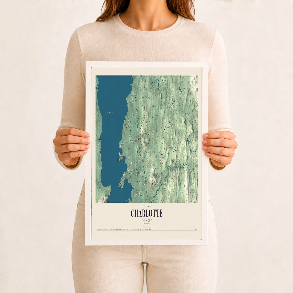 Charlotte, Vermont map print - 12 x 18 white Ayous wood frame