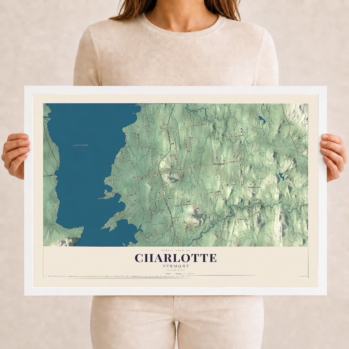 Map of Charlotte, Vermont, 12 x 18 inch print in a white wood frame