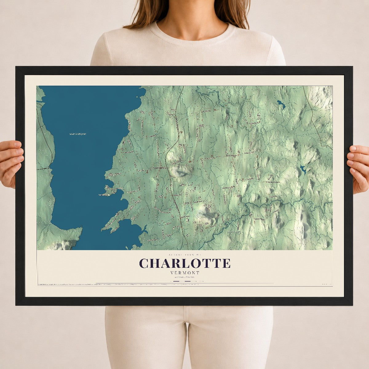 Map of Charlotte, Vermont, 18 x 24 inch print in a black wood frame