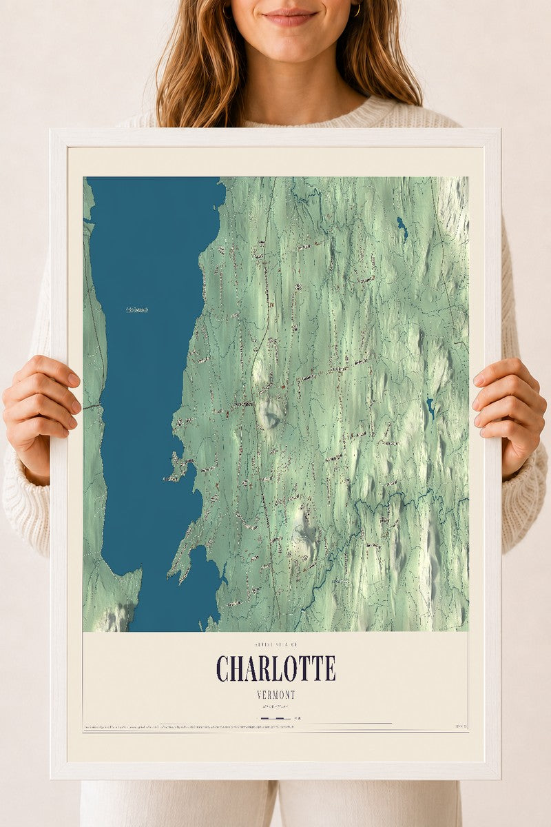 Charlotte, Vermont map print - 18 x 24 white Ayous wood frame