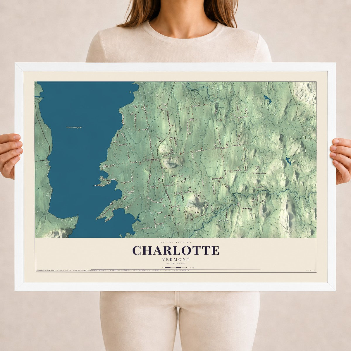 Map of Charlotte, Vermont, 18 x 24 inch print in a white wood frame