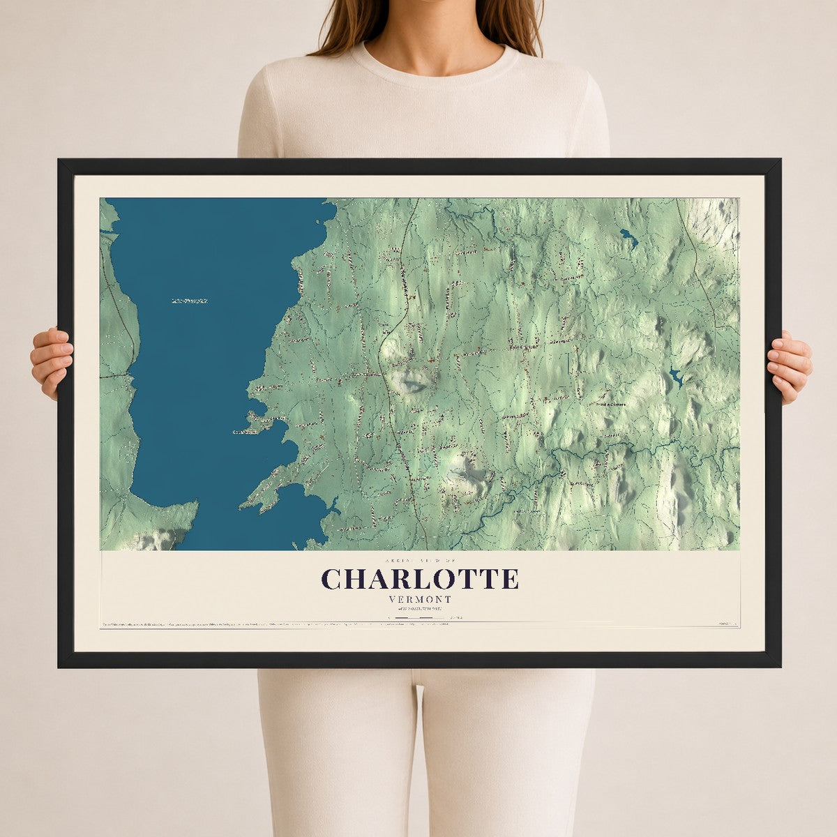 Map of Charlotte, Vermont, 24 x 36 inch print in a black wood frame