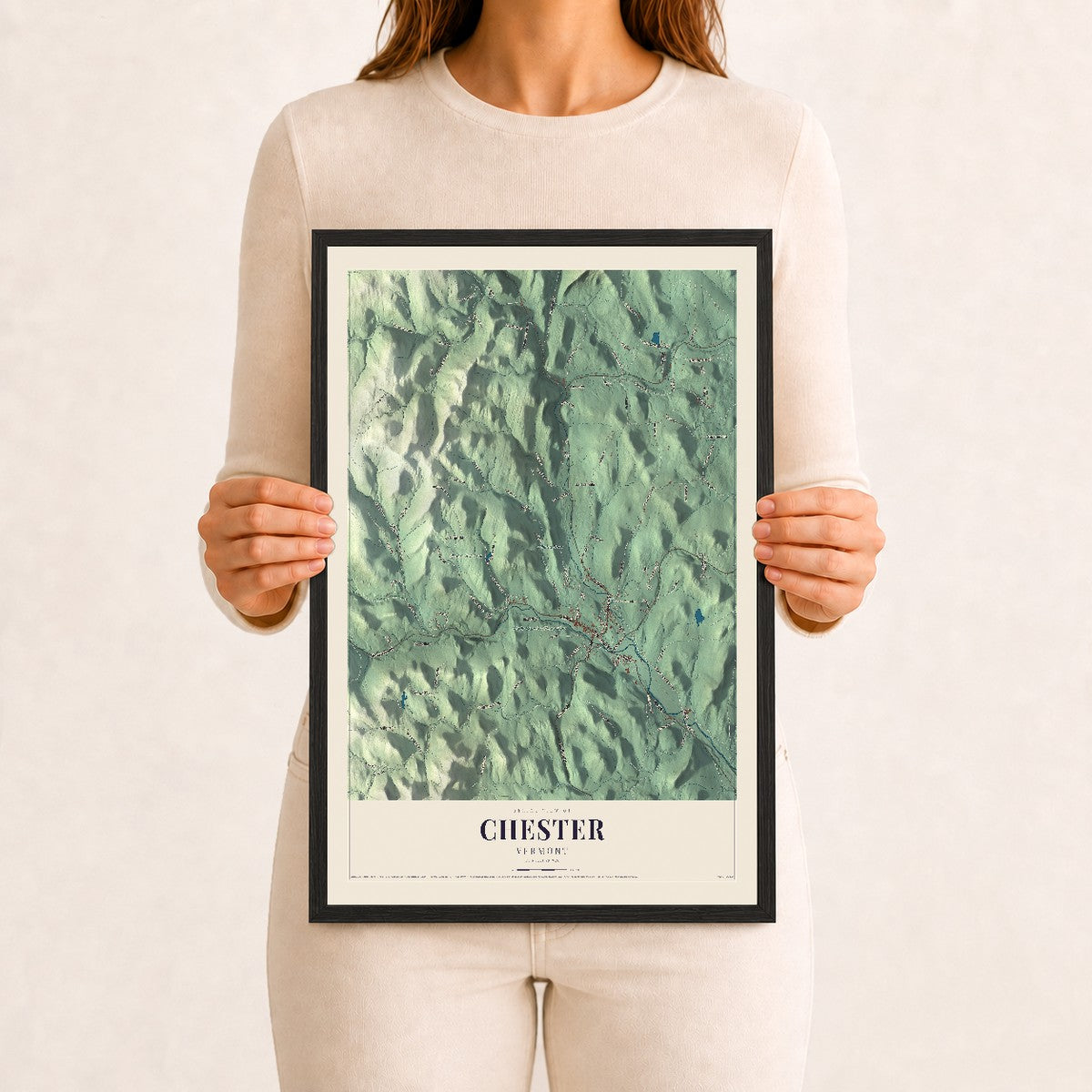 Chester, Vermont map print - 12 x 18 black Ayous wood frame