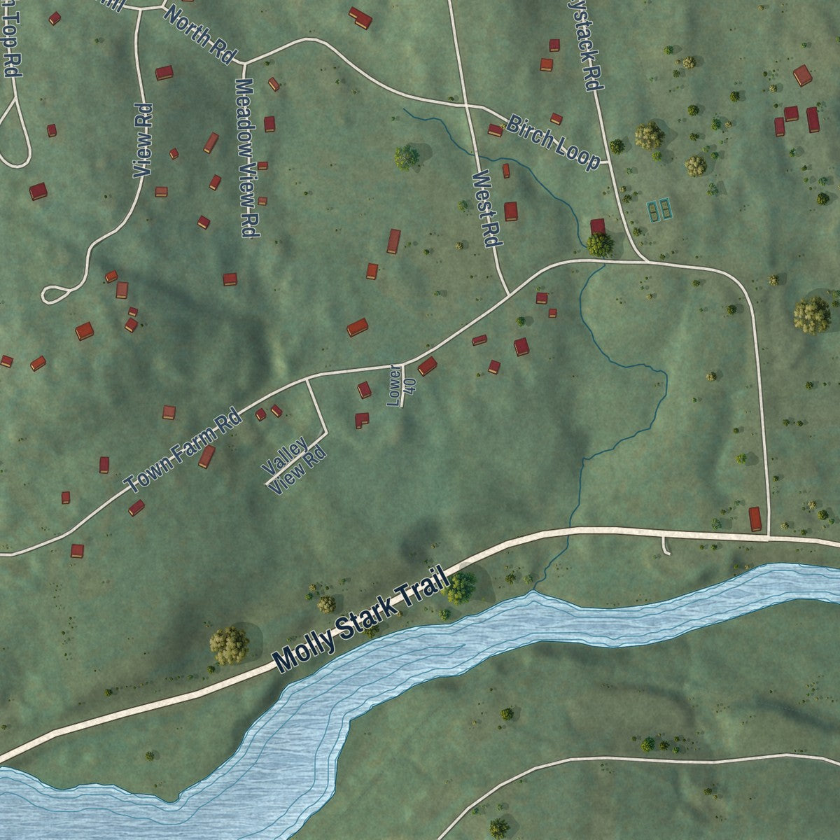 Close-up of the map of Chimney Hill, Vermont print showing street and building detail