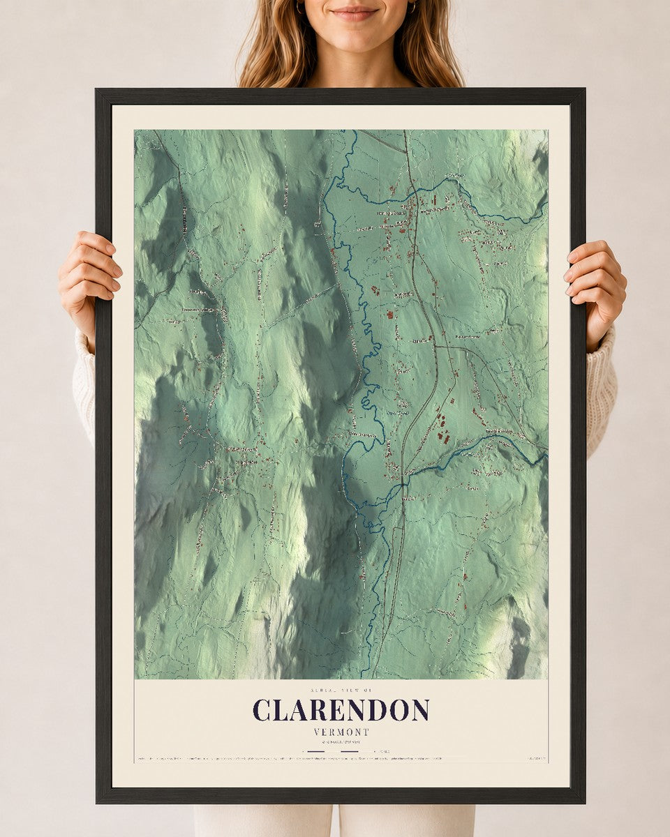 Clarendon, Vermont map print - 24 x 36 black Ayous wood frame