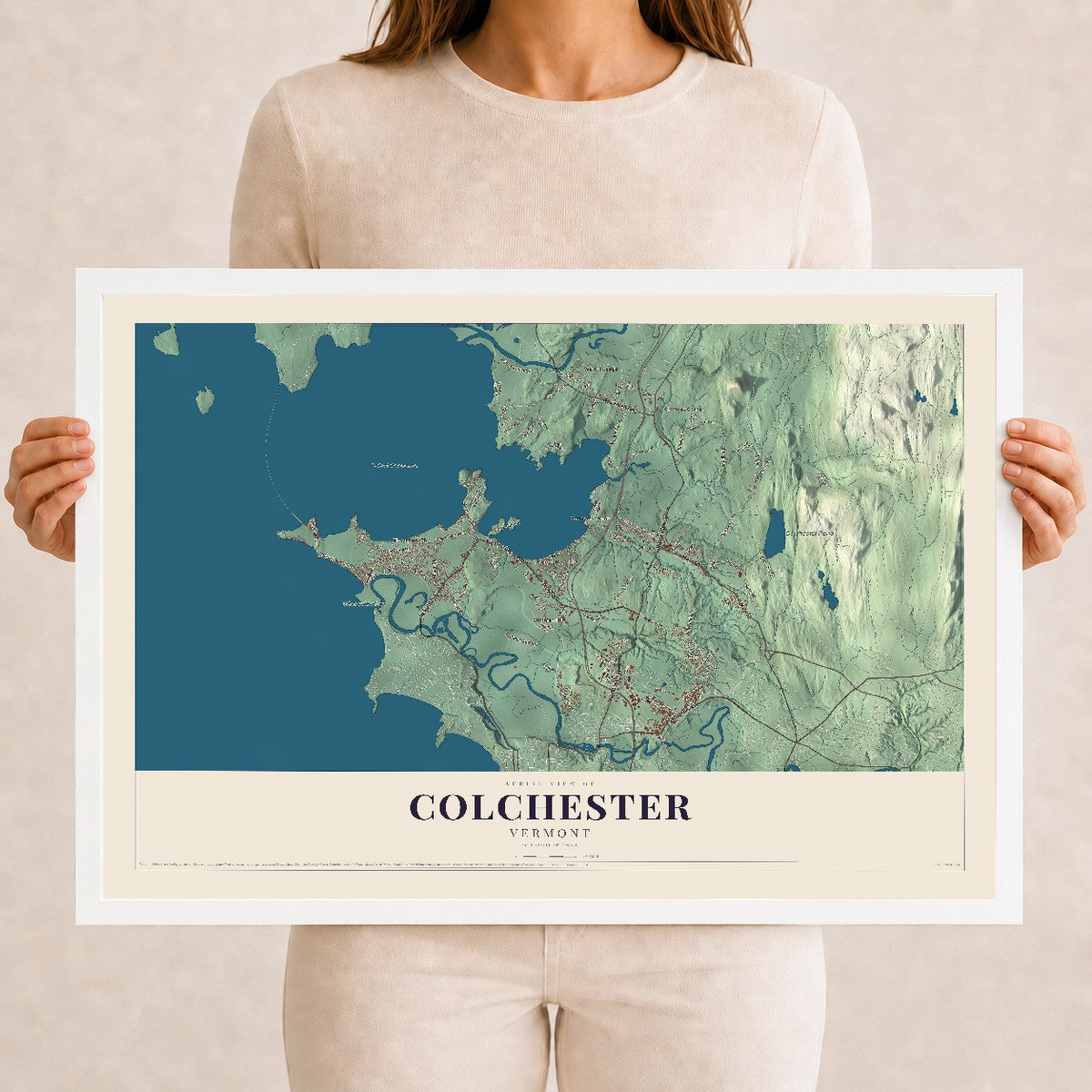 Map of Colchester, Vermont, 12 x 18 inch print in a white wood frame