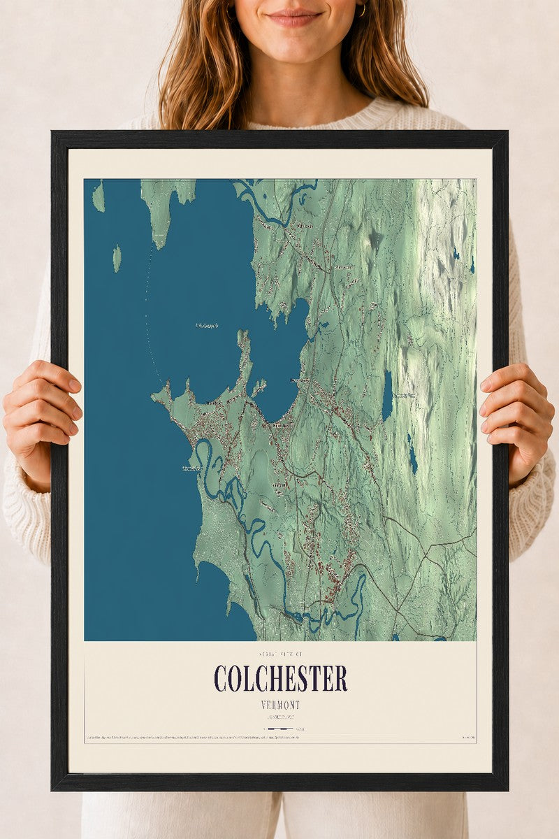 Colchester, Vermont map print - 18 x 24 black Ayous wood frame