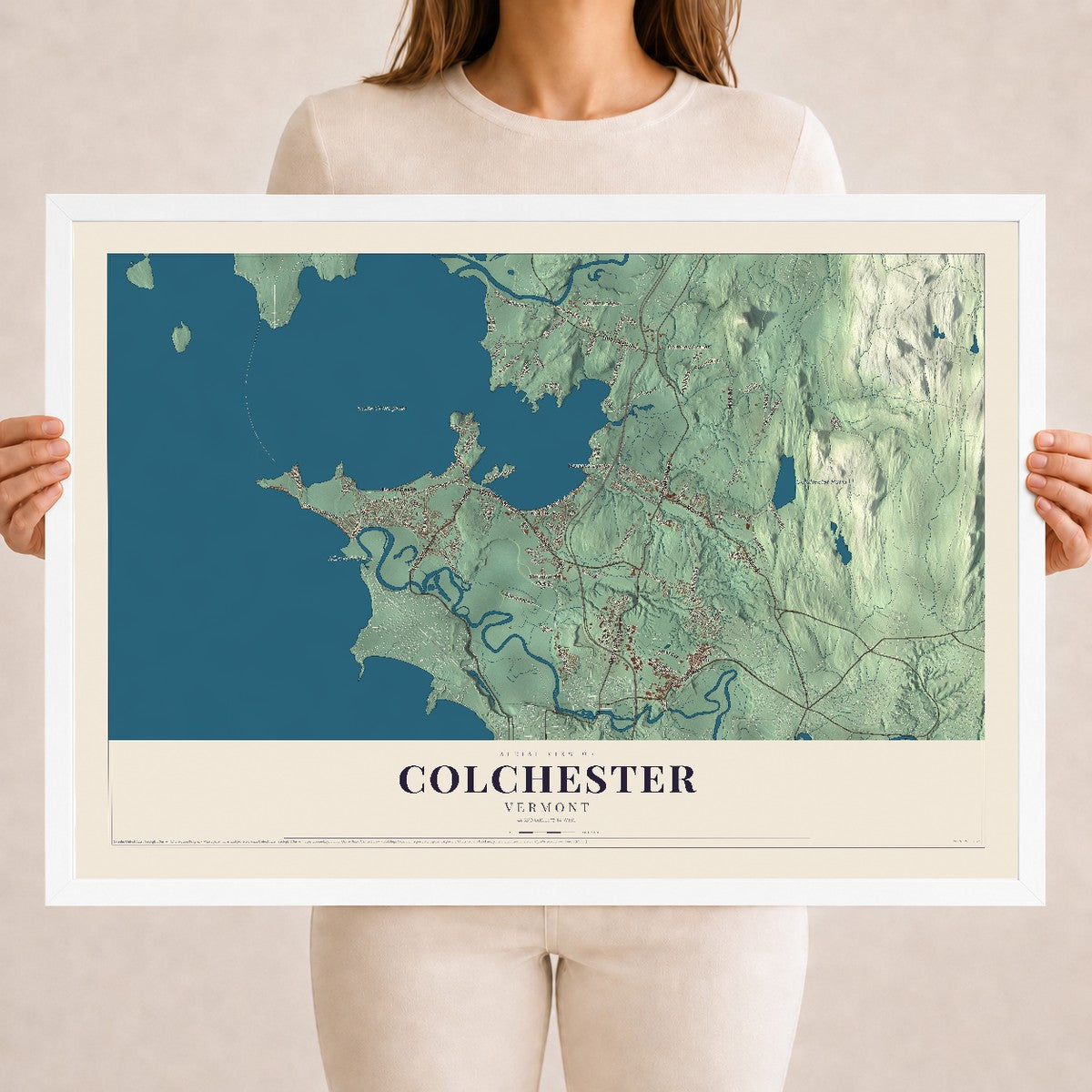 Map of Colchester, Vermont, 18 x 24 inch print in a white wood frame