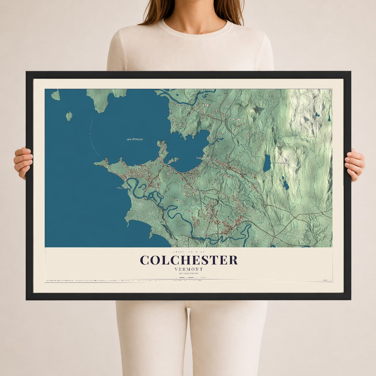 Map of Colchester, Vermont, 24 x 36 inch print in a black wood frame