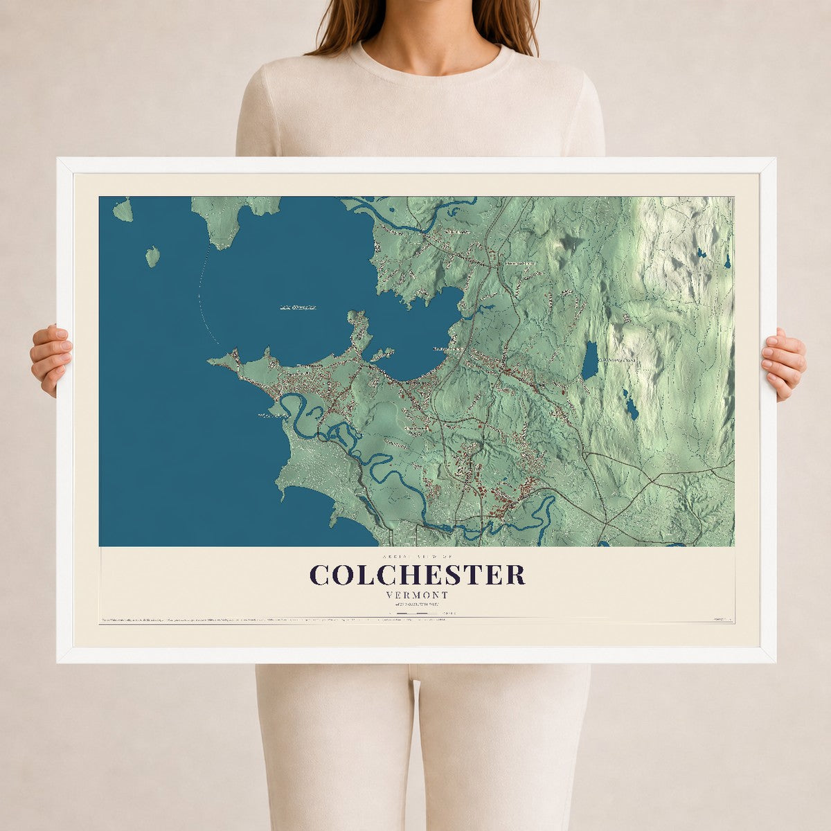 Map of Colchester, Vermont, 24 x 36 inch print in a white wood frame