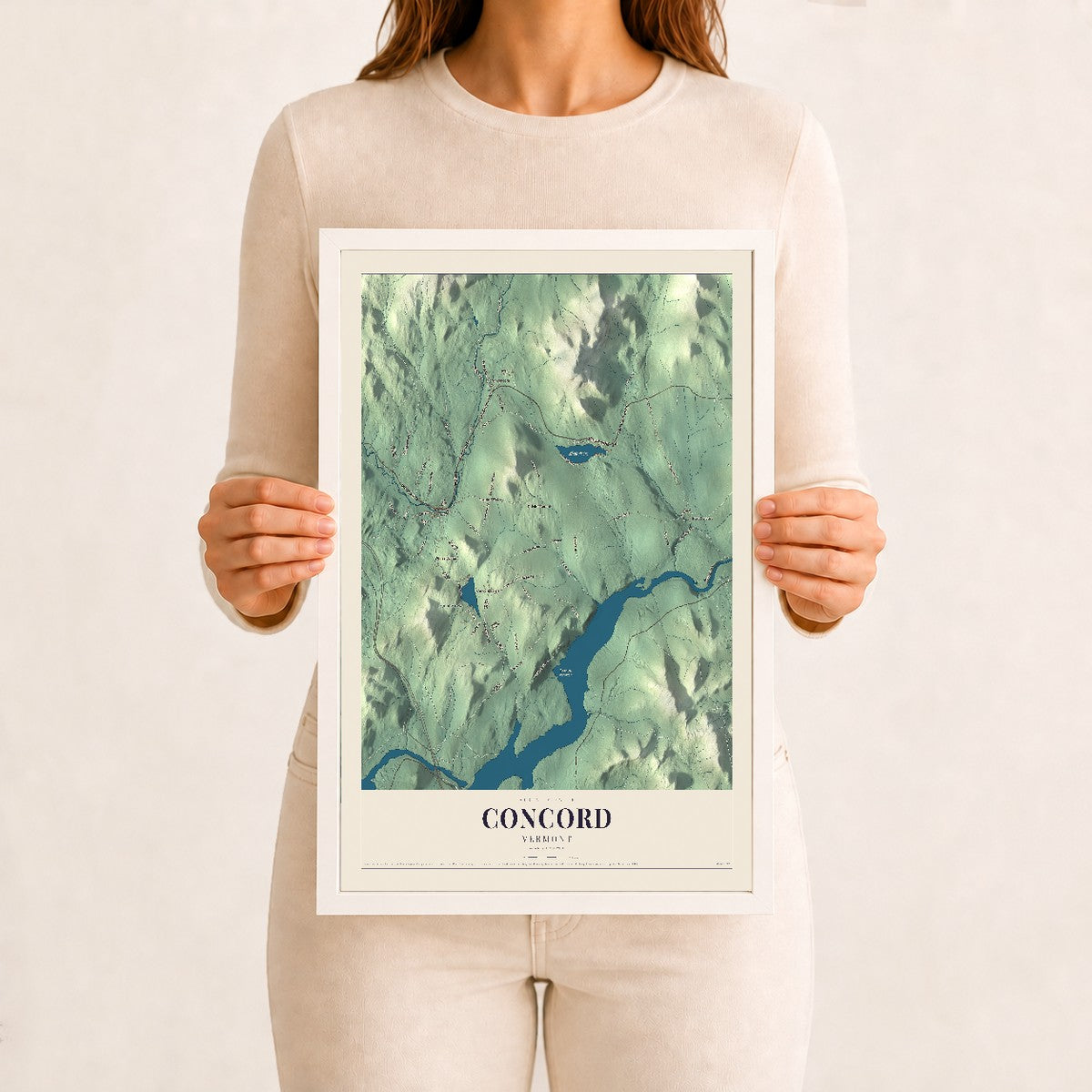 Concord, Vermont map print - 12 x 18 white Ayous wood frame