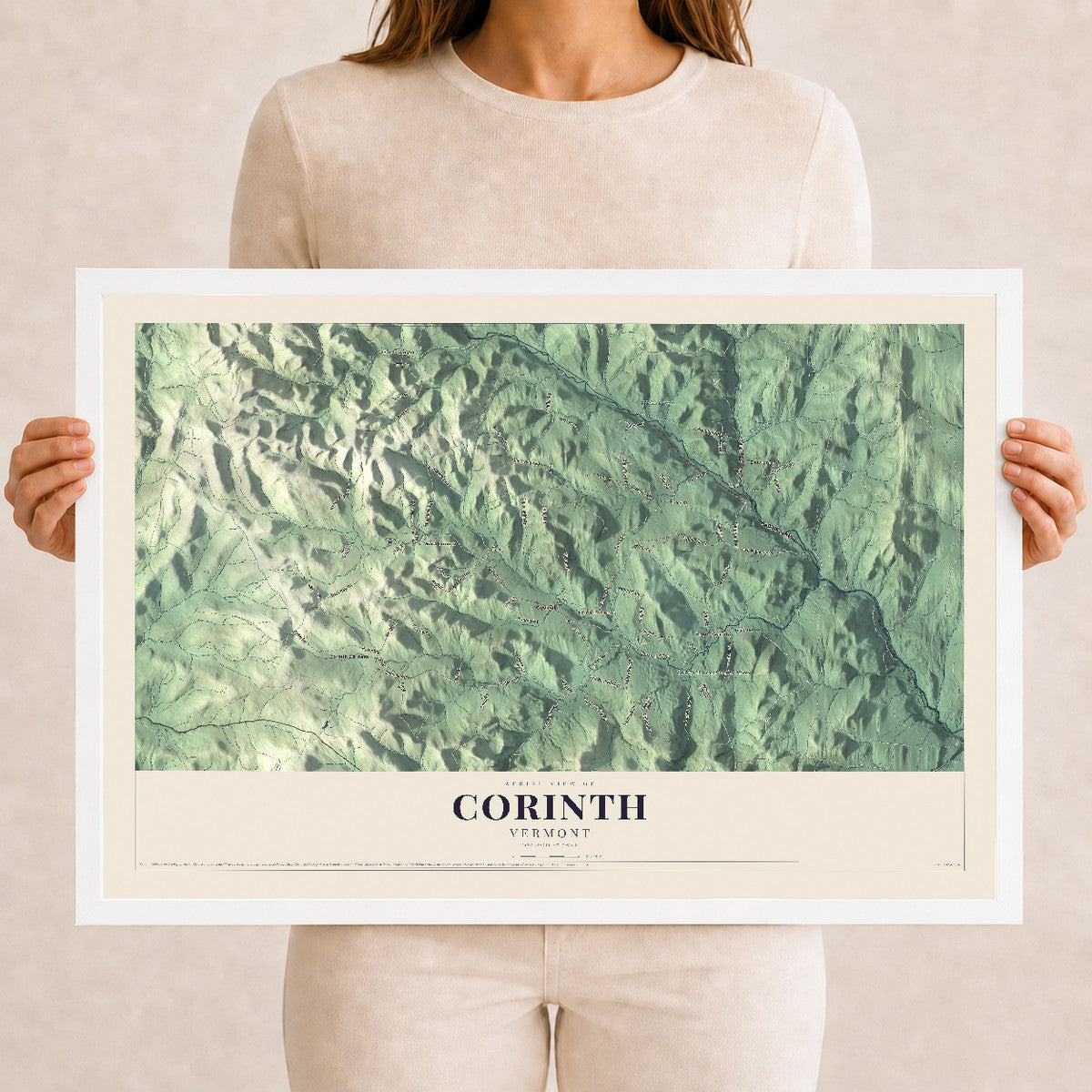 Map of Corinth, Vermont, 12 x 18 inch print in a white wood frame