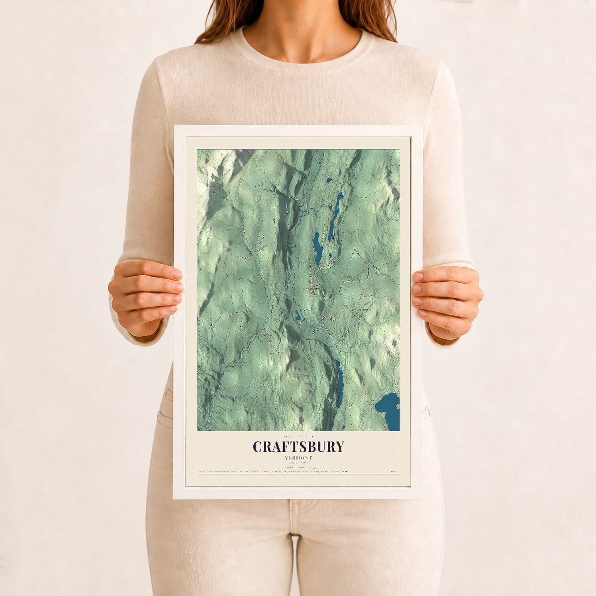 Craftsbury, Vermont map print - 12 x 18 white Ayous wood frame