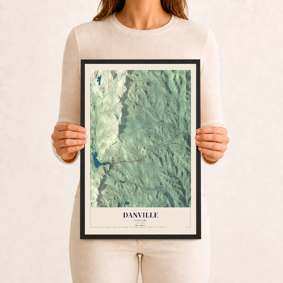 Danville, Vermont map print - 12 x 18 black Ayous wood frame