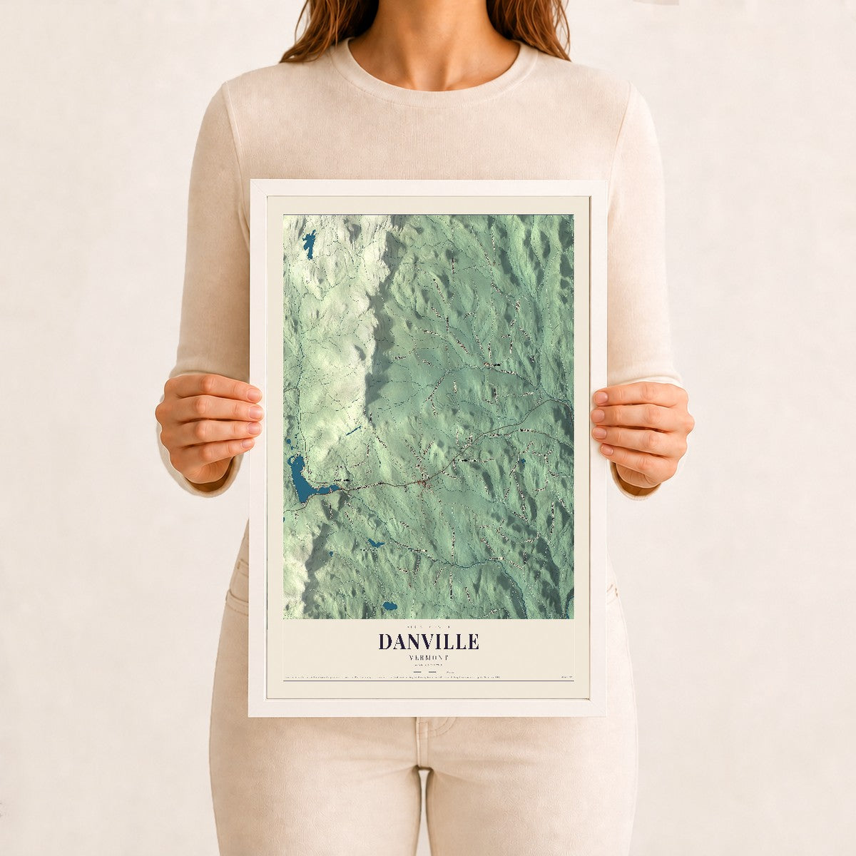 Danville, Vermont map print - 12 x 18 white Ayous wood frame