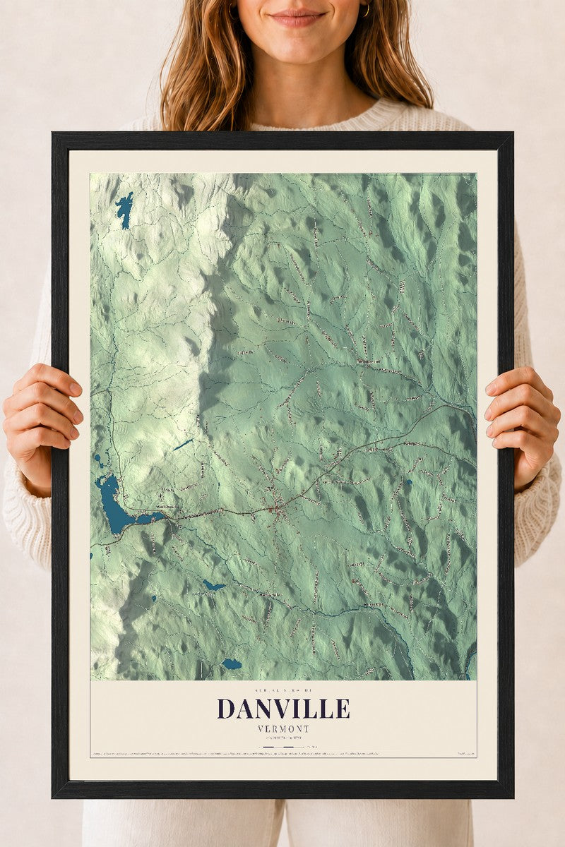 Danville, Vermont map print - 18 x 24 black Ayous wood frame