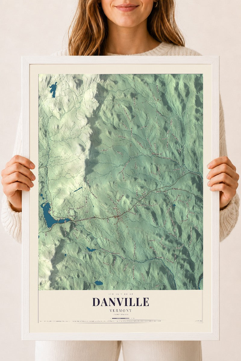 Danville, Vermont map print - 18 x 24 white Ayous wood frame