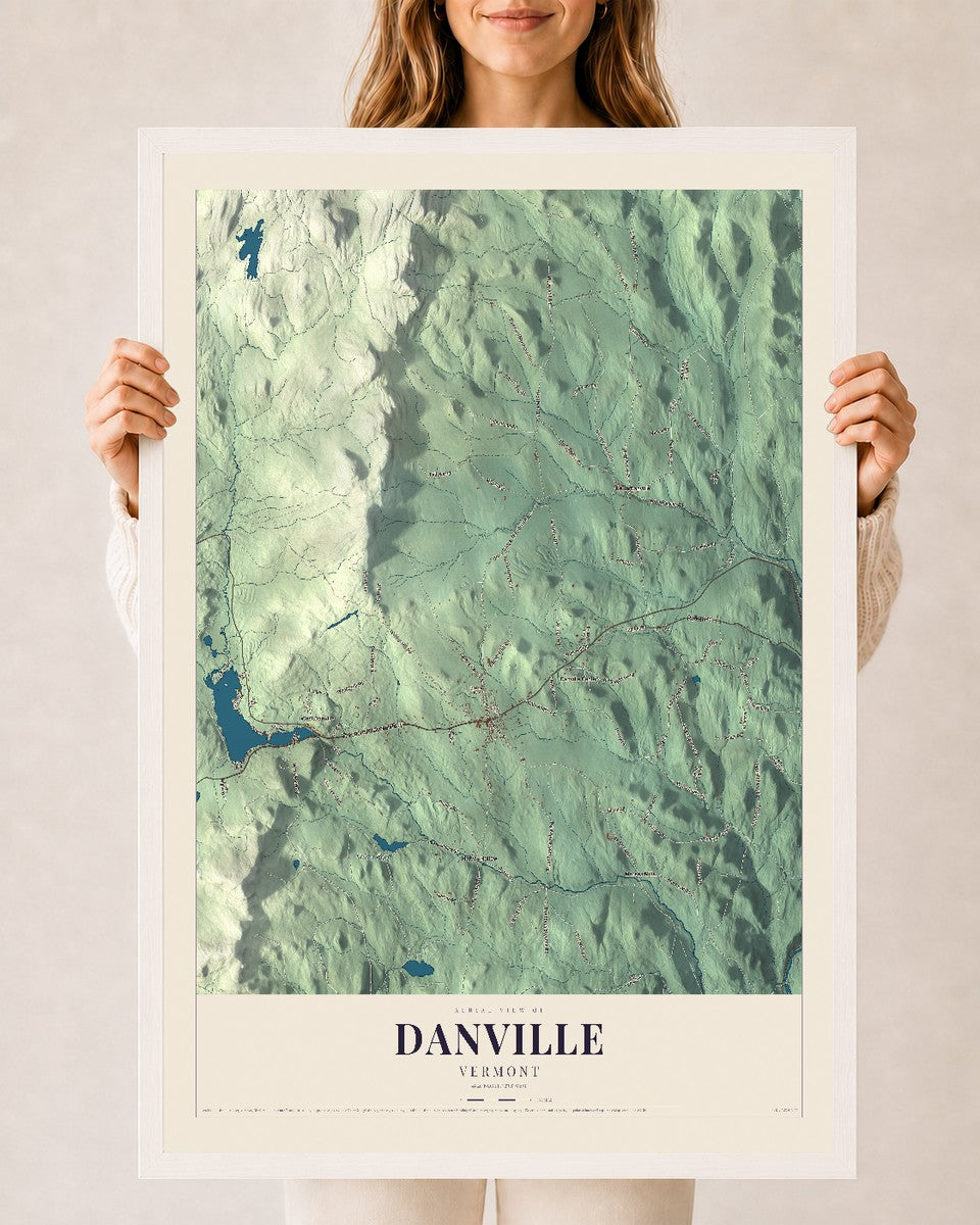 Danville, Vermont map print - 24 x 36 white Ayous wood frame