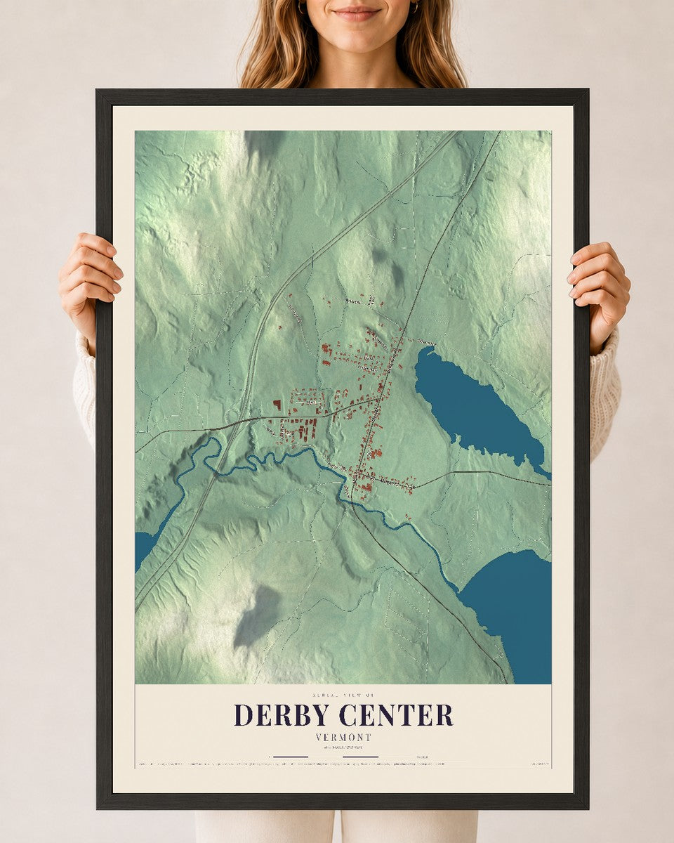Derby Center, Vermont map print - 24 x 36 black Ayous wood frame