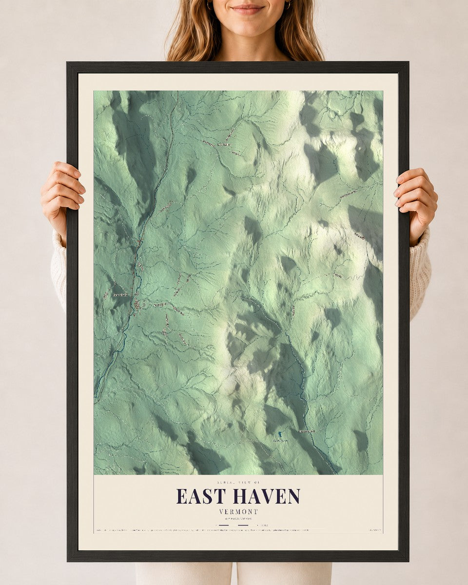 East Haven, Vermont map print - 24 x 36 black Ayous wood frame